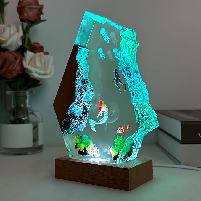 Handmade Mermaid Resin Ocean Lamp with Wood Base