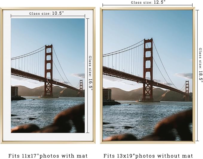 Frametory 13x19 Gold Aluminum Metal Picture Frame Mat for 11x17 Glass