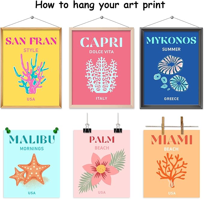 Whaline 9Pcs Preppy Travel Wall Art Prints Colorful Abstract Aesthetic Preppy Room Decor Minimalist Art Poster Decor for Teen Girls Bedroom Pink College Dorm Room Posters(UNFRAMED 10x12in)
