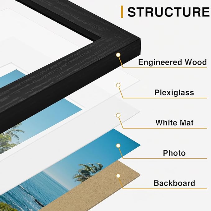 Vittanly 8x10 Picture Frames Set of 9, Black&Walnut Brown&White | Display Pictures 5x7 with Mat or 8x10 without Mat, Small Photo Frames, Engineered Wood with Shatter Resistant Plexiglass