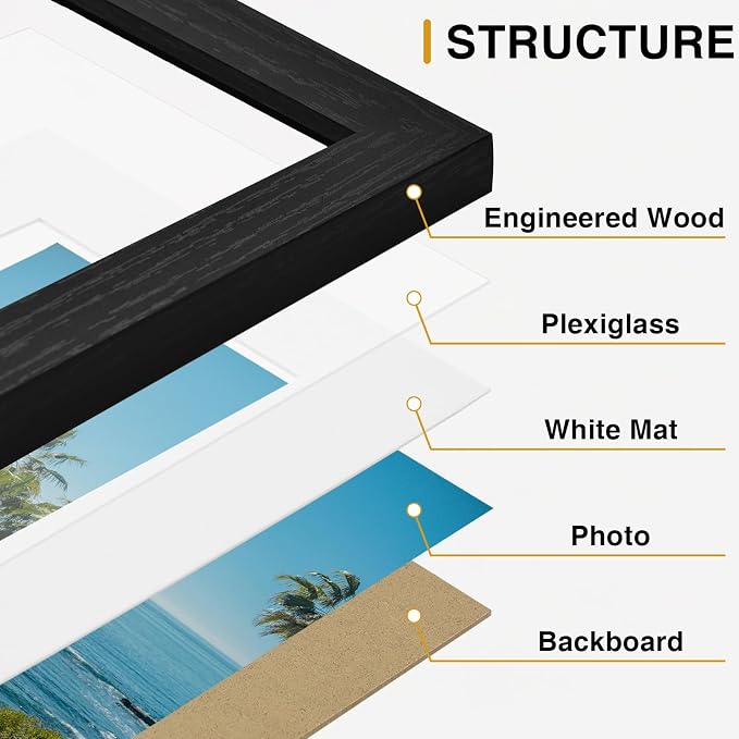 Vittanly 8x10 Picture Frames Set of 9, Black&Walnut Brown&Dark Grey | Display Pictures 5x7 with Mat or 8x10 without Mat, Small Photo Frames, Engineered Wood with Shatter Resistant Plexiglass