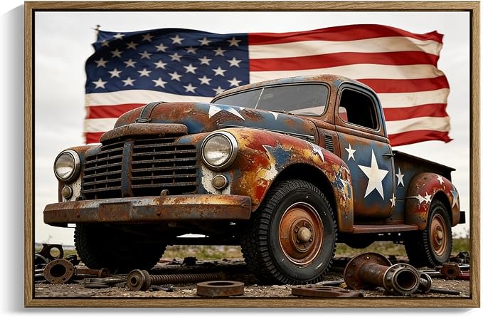 American Flag Framed Canvas Wall Art, 4th of July Patriotic Canvas Prints | USA Flag with Truck Poster Print, Vintage Independence Day Wall Decor for Bedroom Living Room Dining Room Office 24×32in