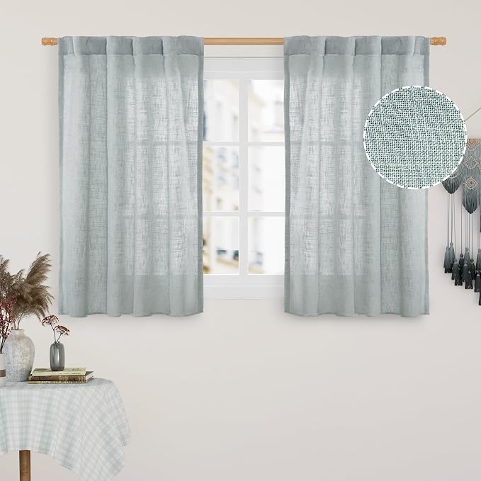Short Linen Curtains 40 Inch Length 2 Panels, Light Filtering Panels | Semi Sheer, Neutral, Curtains for Bedroom, Basement, Window, Loft Room, Rod Pocket Back Tab, Greyish Blue, 34 x 40 Inch