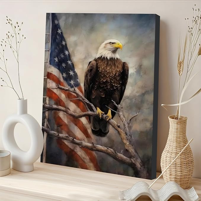 Framed Bald Eagle American Flag Wall Art, Patriotic Rustic Canvas Art Pictures, USA Eagle Wall Decor, Made in USA Ready to Hang for Office Man Cave Living Room