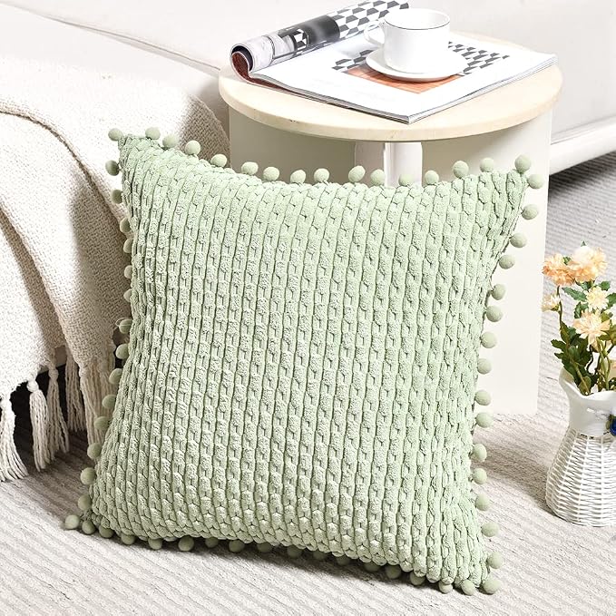 Fancy Homi Set of 2 Sage Green Decorative Throw Pillow Covers 24x24 Inch with Pom-poms for Couch Bed Sofa, Modern Farmhouse Boho Home Decor, Soft Plush Corduroy Cute Cushion Case 60x60cm