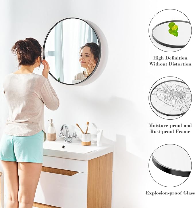24-Inch Round Wall Mirror Shatterproof Circle Mirror with Aluminum Frame Large Decorative Mirror for Bathroom Vanity Entryway Living Room Decor Over Sink Entryway Living Room Nursery Black