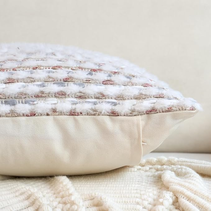 Aeckself Handmade Boho Chenille Tufted Pillow Cover 18x18 Inch, Decorative Square Throw Pillow Cover Neutral Pillowcase for Couch Bedroom Living Room, Grey White