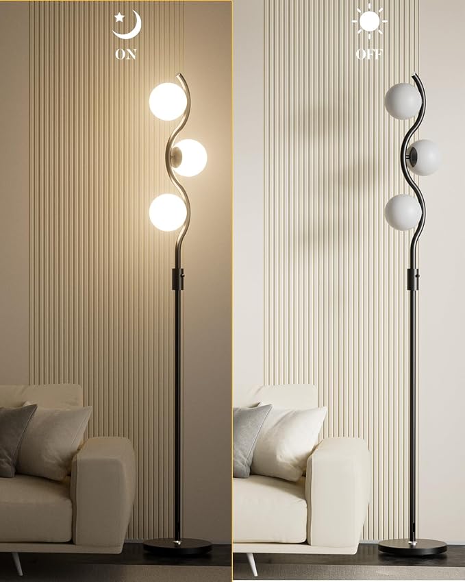 3 Globe Floor Lamp Dimmable Black Floor Lamps with 3 Soft Warm White 3000K Bulbs, Mid Century Modern Standing Tall Lamp with 5Lbs Heavy Basefor Living Room Bedroom Home Decor Sofa Beside
