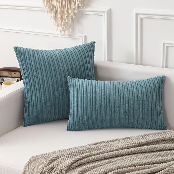 Kevin Textile Striped Corduroy 18”x18” Pillow Covers 2 Pack, Blue Grey