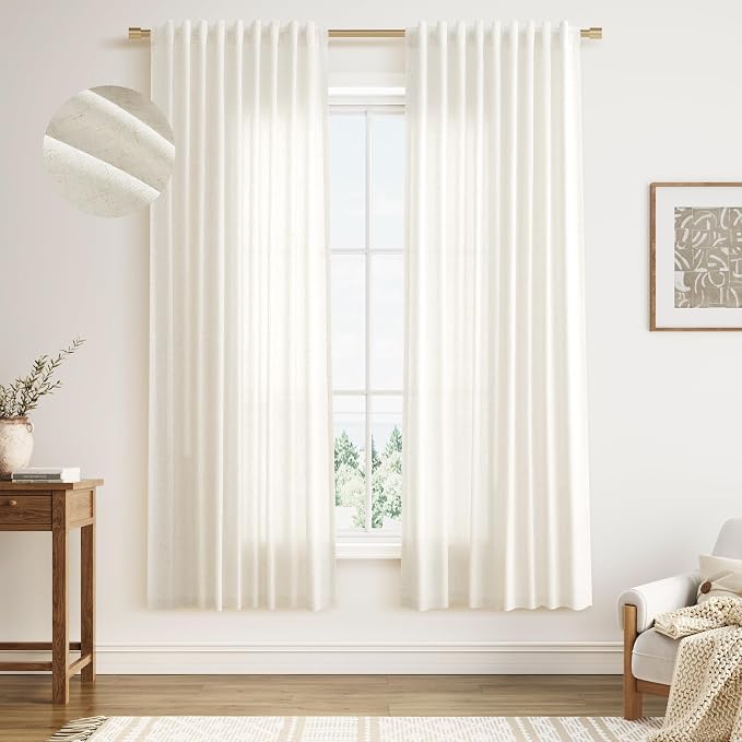 Linen Curtains 72 Inches Long for Living Room Sheer Light Filtering Curtain Back Tab Neutral Boho Modern Farmhouse Decor Window Drapes for Bedroom 52x72 2 Panels Cream Ivory Beige Natural