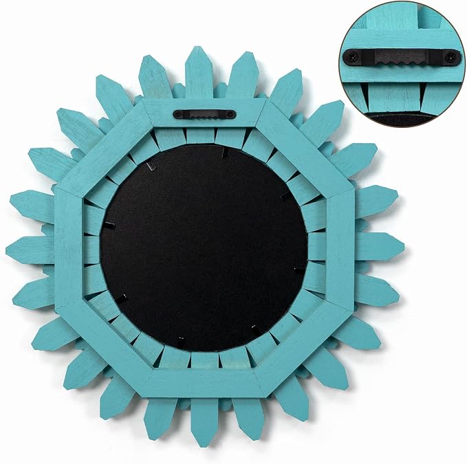 Beach Wall Decor Mirror 12 inch Wood Coastal Wall Decor Sunburst Boho Home Decor Room Decor for Bedroom Living Room Bathroom Cyan