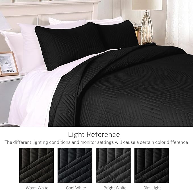 Exclusivo Mezcla Ultrasonic Full Queen Quilt Bedding Set, Black | Lightweight Bedspreads, Soft Microfiber, Modern Geometric Coverlet, All Season Bed Cover, 1 Quilt and 2 Pillow Shams