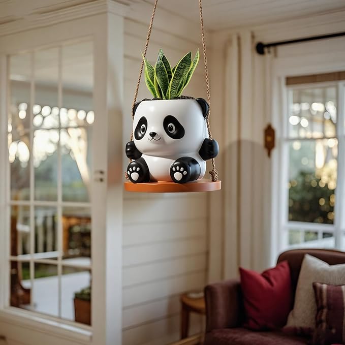 Swing Panda Hanging Planters for Indoor Plants, Cute Succulent Pots with Drainage Hole, Small Hanging Flower Pots Outdoor, Panda Gifts for Plant Lovers (Boy-White)