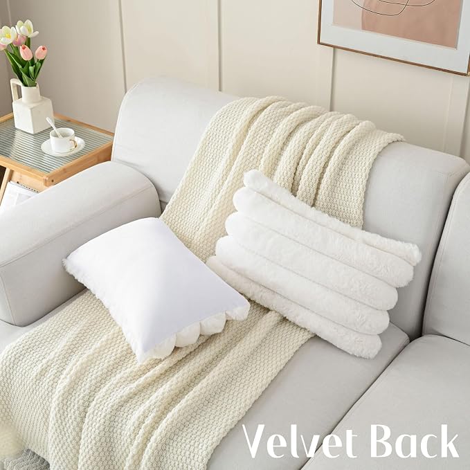 HAUSSY 2 Pack Lumbar Pillow Covers 12x20 Inch, Faux Fur Decorative Couch Throw Pillows Soft Striped Plush Cushion Covers Home Decor Cute Furry Pillowcase for Living Room Sofa Bed, Cream White