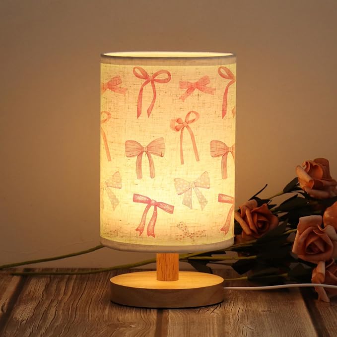 WSYEAR Daughter Gifts Bow Kids Table Lamp for Bedroom Kids Bedside Lamp with Linen Wooden Nightstand Cartoon Nursery Lampshade for Girls Living Room