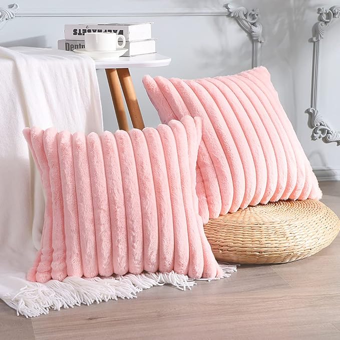 Soleebee Set of 2 Throw Pillow Covers Soft Cozy Velvet Pillowcase Faux Rabbit Fur Cover for Couch Sofa Bed Chair Home Decorative Pillows Cover (20x20 Inch, Pink)