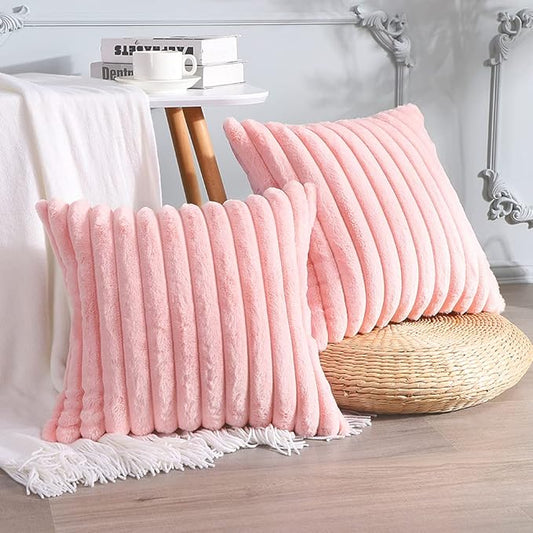 Soleebee Set of 2 Throw Pillow Covers Soft Cozy Velvet Pillowcase Faux Rabbit Fur Cover for Couch Sofa Bed Chair Home Decorative Pillows Cover (20x20 Inch, Pink)