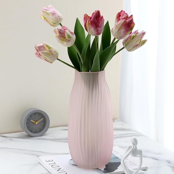 Large Ribbed Glass Vase 12in Frosted Pink Elegant Decorative Vases for Home Flowers Arrangements, Centerpieces, and Modern Décor