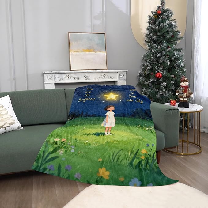 TURMTF Healing Blanket with 'You are the Brightest Star' Quote | Soft Flannel Throw, Holiday Christmas Emotional Comfort, Bedroom Sofa Decor