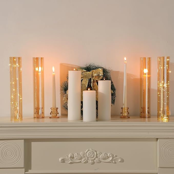 Teenyyou 12 Set Glass Hurricane Candle Holders Candlestick Bulk 12.6",Amber | 2.2" Taper Clear Candlestick Holders, Open Ended Glass Candleholder Tube Shape Bottomless, for Wedding Table Centerpiece