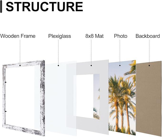 Vittanly 12x12 Picture Frames Set of 9 for Wall Mounting, Distressed White | Display Pictures 8x8 with Mat or 12x12 without Mat for Wall Mounting, Square Photo Frames for Home Decor, Engineered Wood