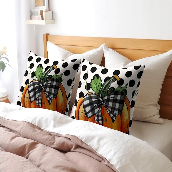 Fall Outdoor Pillows Covers 16x16 Inch Set of 2 Orange Pumpkin Black Polka Dot Decorative Throw Pillowcase Autumn Thanksgiving Seasonal Cushion Case Farmhouse Cotton Linen Pillow Cover for Home Patio