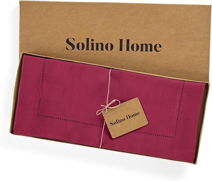 Solino Home 100% Pure Linen Dining Table Runner Beet Hemstitch, 14 x 120 in | Classic Hemstitch, brings a tailored look to family meals and hosting, hemstitched border, soft, fine, OEKO-TEX Certified