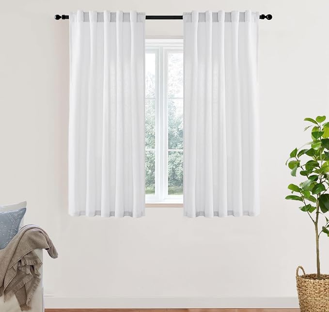 XTMYI 54 Inch Length White Short Curtains for Windows Living Room,Semi Sheer Linen Cotton Curtains for Bathroom Window Bedroom,54 in Long