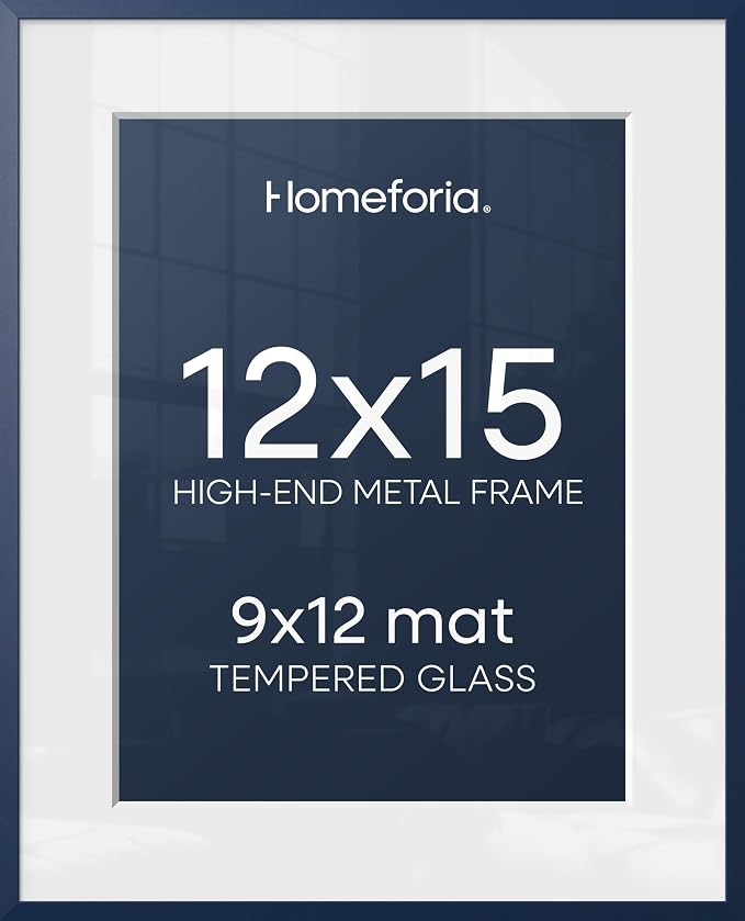 Homeforia 12x15 Blue Picture Frame, High-End Metal, 9x12 Mat, Glass