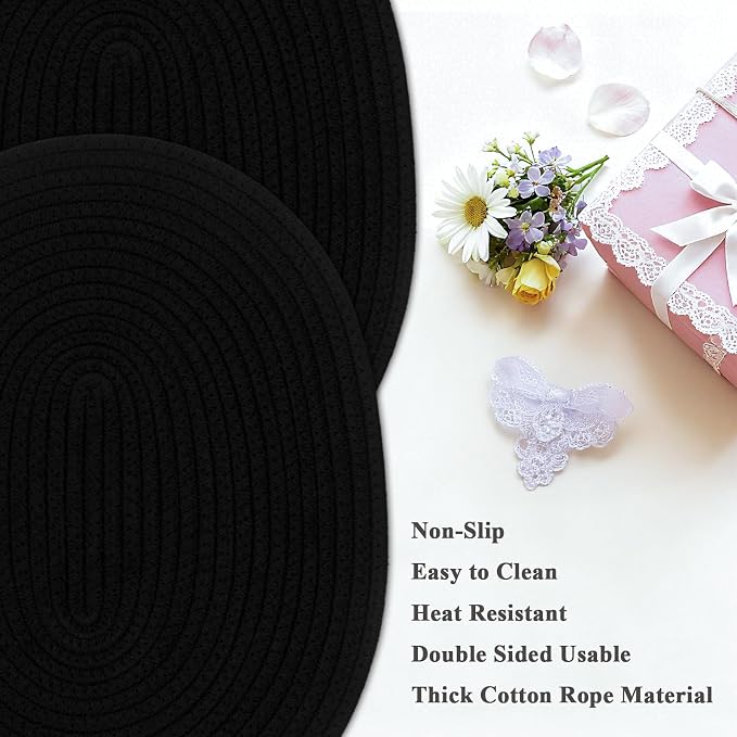 Oval Woven Placemats Set of 6, Boho Cotton Rope Braided Table Mats, 17x13 Inches Non Slip Heat Resistant Place Mats for Dining Room, Thick Hot Pads for Farmhouse Kitchen Table Decor. (Black)