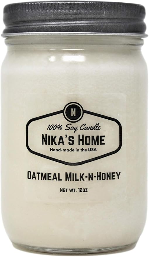 Nika's Home Oatmeal Milk-N-Honey Soy Candle - 12oz Mason Jar - Non-Toxic - Hand Poured in The USA, Long Burning 50-60 Hours Highly Scented All Natural, Clean Burning