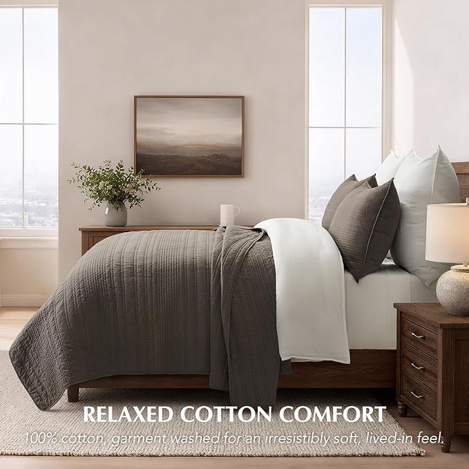 EVERGRACEHOME 100% Cotton Modern Lines Quilt Set Queen Size, Mushroom Brown | Pre-Washed Soft Cotton, Striped Coverlet Bedspread, 3 Piece Lightweight Bedding Set for All Season, with 2 Pillow Shams
