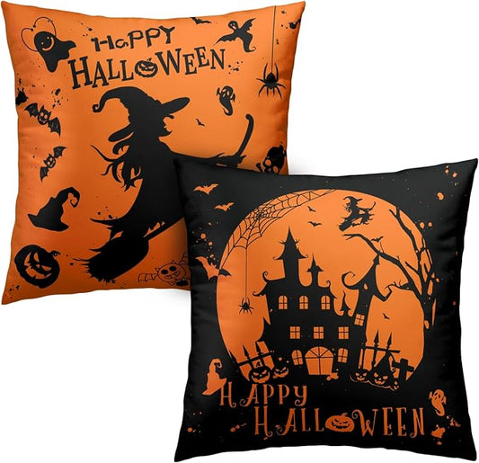 Happy Halloween Pillow Covers 18x18 Set of 2 Witch Castle Spider Web Decorative Pillows Covers Orange and Black Pillow Covers Halloween Decoration for Living Room Sofa