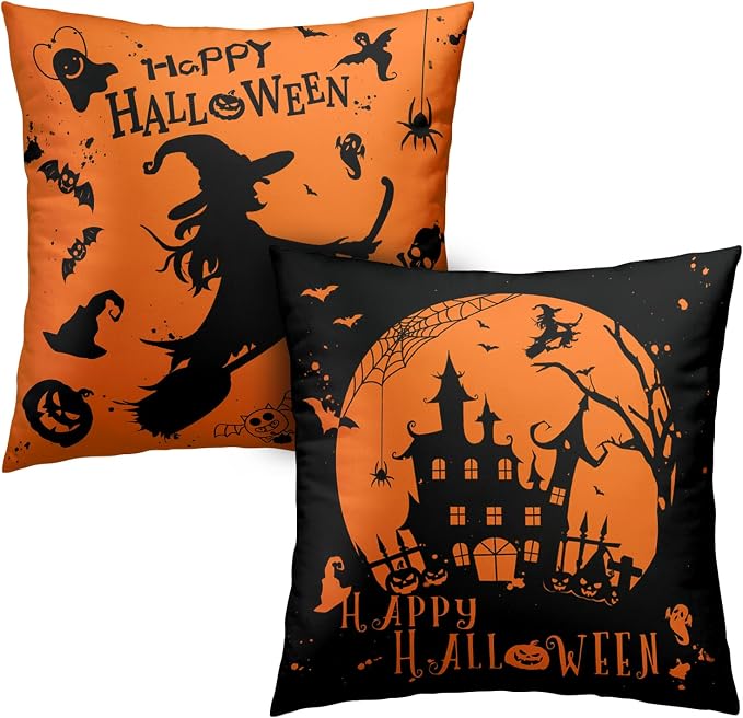 2 Pack Happy Halloween Pillow Covers 22x22 Castle Witch Halloween Decoration Fall Pillow Covers Halloween Indoor Decor Black and Yellow Pillow Case Cotton Blend for Sofa