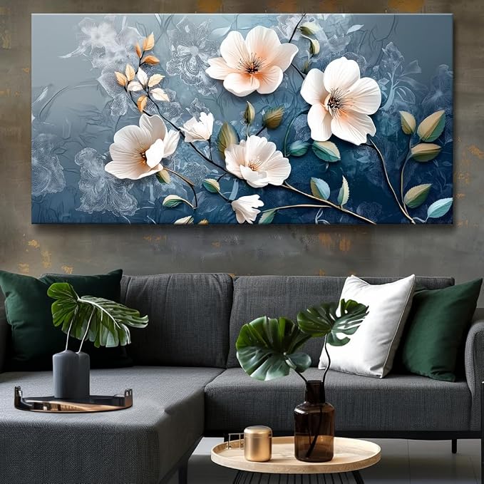 Large White Flower Wall Art with Blue Background Elegant Flower Framed Floral Canvas Print for Living Room, Bedroom, Dining Room, Home Office Modern Ready to Hang Home Decor - 20"x40"
