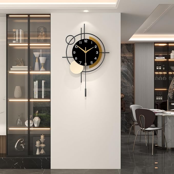 Large Wall Clock for Living Room Decor Modern Wall Clock Pendulum | Analog Silent Quartz Battery Operated Metal Decorative Clock for Dining Room,Kitchen,Home,Bathroom,Bedroom,Black 17.7x27.3 in