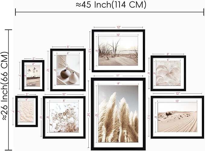 Gallery Wall Frame Set, 8 Pack Black Picture Frames, Large | Collage Pampas Grass Prints Wall Art Decor for Living Room, Entryway, Stairway, Bedroom, Assorted Size