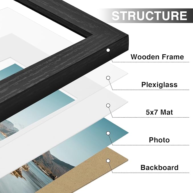 Vittanly 8x10 Picture Frames Set of 9, Black&Brown&Distressed White | Display Pictures 5x7 with Mat or 8x10 without Mat, Small Photo Frames, Engineered Wood with Shatter Resistant Plexiglass