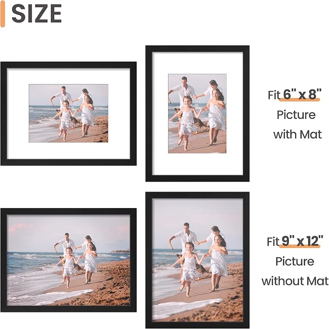 upsimples 9x12 Picture Frame, Gallery Wall Frames Set of 5, Black | Photo Frame Collage Wall Decor, 6x8 Picture Frame with Mat for Family, Baby, Hallway, Christmas