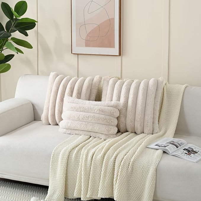HAUSSY Pack of 2 Pillow Covers 20x20 Inch, Faux Fur Decorative Couch Throw Pillows Soft Striped Plush Cushion Covers Home Decor Cute Furry Pillowcase for Living Room Sofa Bed, Beige (Covers Only)