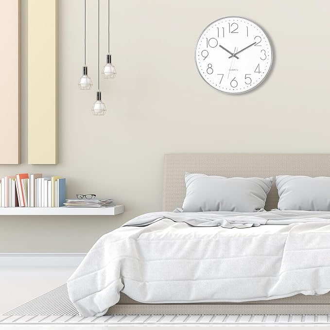 Foxtop Large 14" Wall Clock Silent Battery Operated Clock, Silver | Non-Ticking, Round, Analog Clock, Quartz, Easy to Read, Living Room, Bedroom, Kitchen, Office