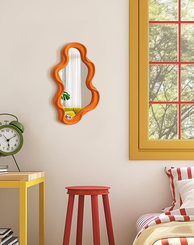 Small Decorative Mirror for Girly Bedroom Dresser Decor, Vivid Abstract Wavy Wall Mirrors for Home Aesthetic Book Coffee Shop Hotel Decoration, Unique Gift for Birthday Thanksgiving (Orange)