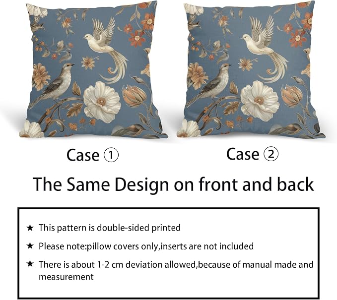 Kawani Vintage Floral Pillow Covers 18x18 Inch Set of 2 Blue Chinoiserie Flower and Bird Outdoor Decorative Throw Pillows Retro Rustic Pillowcases Farmhouse Cushion Covers for Couch Home Decor