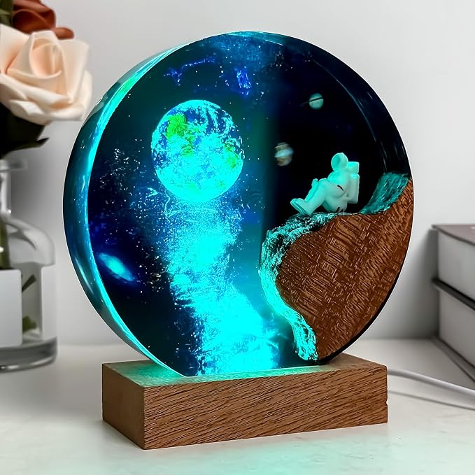 Handmade Galaxy Resin Lamp with Wooden Base