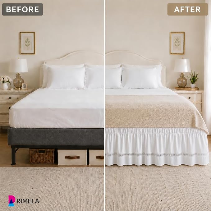 Ruffled Lace Bed Skirt King 15" Drop, Elastic Wrap Around Bedskirt | Solid Ruffled, Easy to Use, No Mattress Lifting, Wrinkle & Fade Resistant, with Adhesive Strips, Machine Wash/Dry/Iron