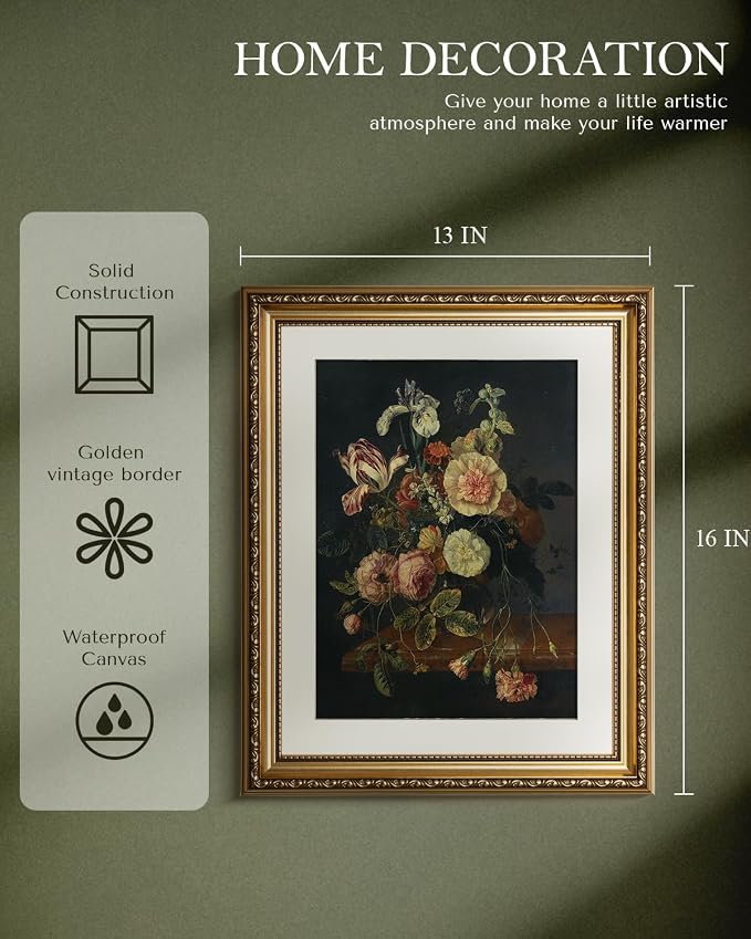 WHASAYART Vintage Gold Framed Baroque Dark Moody Poppies Canvas Wall Art | Classical Flower Still Life Wall Decor, European Antique Print for Bedroom Living Room, 13x16" Waterproof Canvas Painting