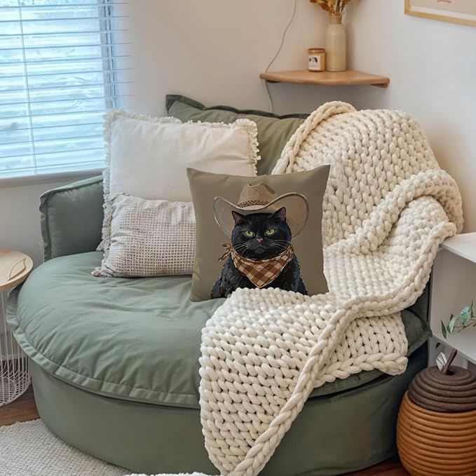 Vintage Western Cowboy Black Cat Pillow Covers 18x18, Black Cat Gifts, Rustic Country Western Cowboy Kitten Decorative Throw Pillow Covers Pillowcases for Home Bedroom Living Room Decor