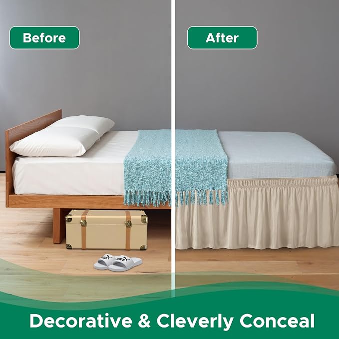 Wrap Around Bed Skirt King 21" Drop-Elastic Long Dust Ruffle Light Camel | Adjustable Pleated Bedskirt-Easy Fit Wrinkle Resistant Washable Hotel Quality Fabric Bed Skirting-Master Guest Bedroom Rental