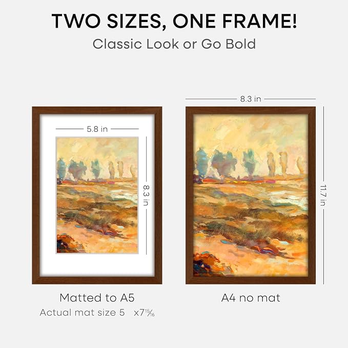 Homeforia A4 Brown Oak Picture Frame, High-End Wood, A5 Mat, Glass