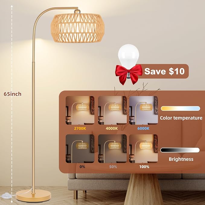 Brilvibera Boho Gold Farmhouse Floor Lamp- Rattan Lamp with Remote and Bulb